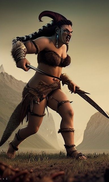 Half-Orc Barbarian Queen in Battle: Photorealistic Digital A...