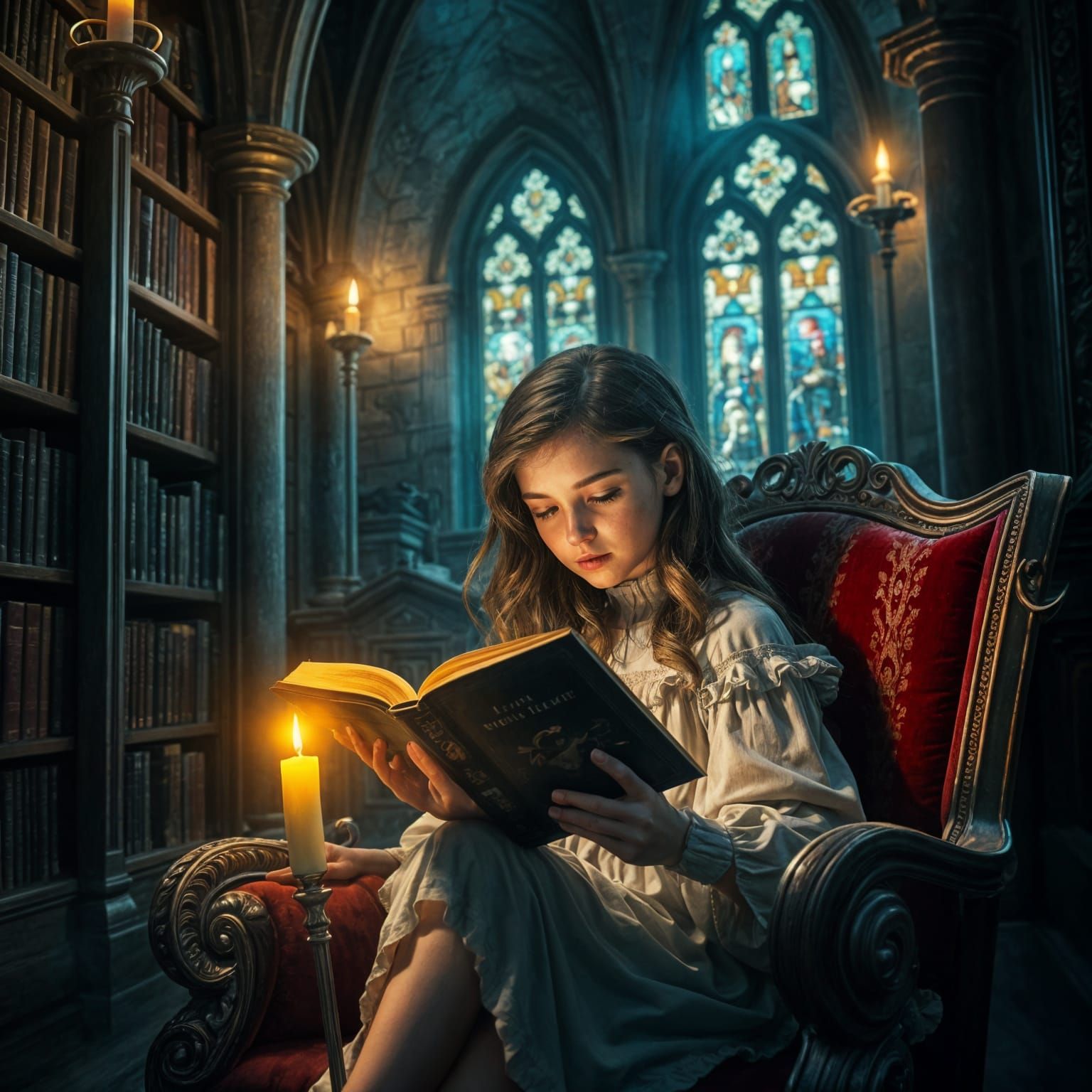 Ethereal Nighttime Library Scene with Young Reader