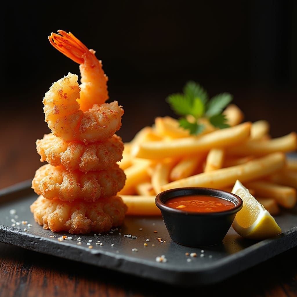 Golden-Fried Shrimp with Crispy French Fries in an Elevated ...