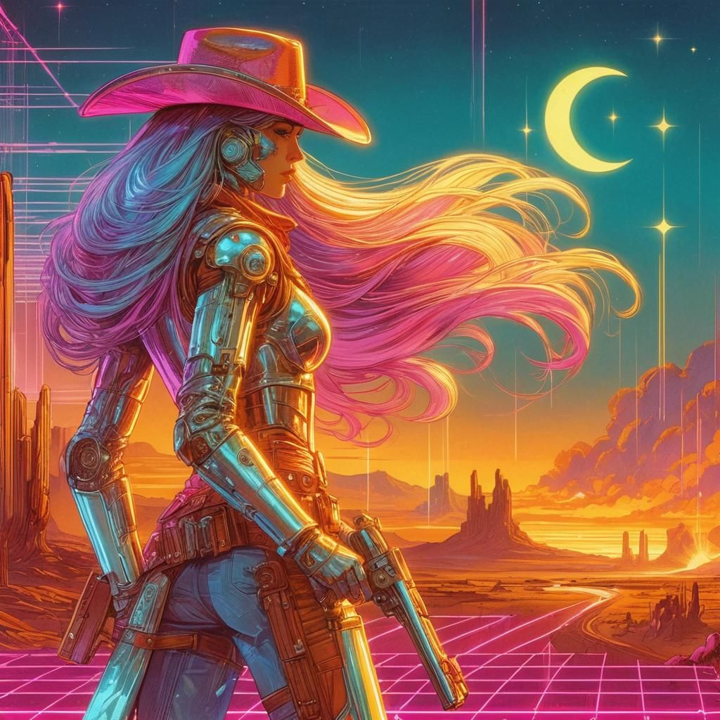 Retro-Futuristic Cowgirl in Neon Old West Landscape