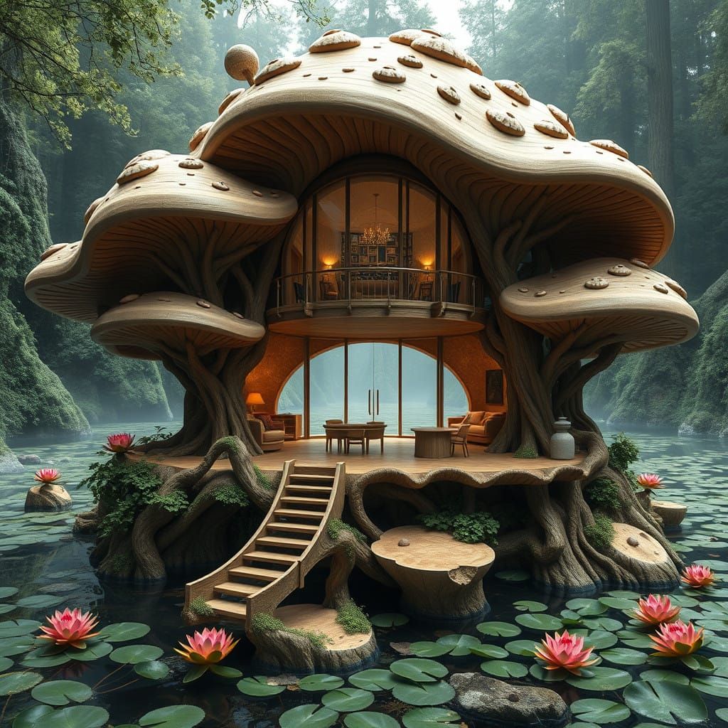 Surreal Wooden House Inspired by Amanita Muscaria Mushrooms...