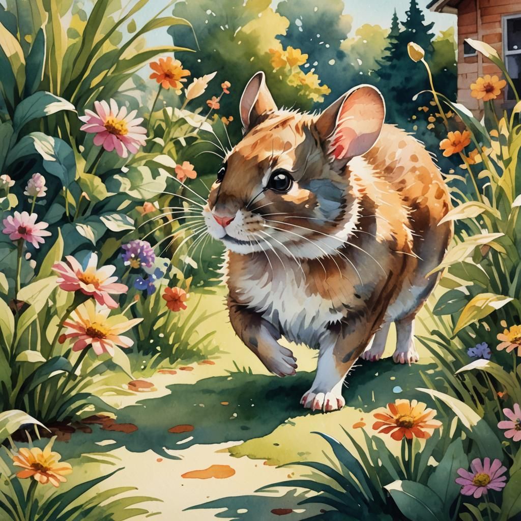 Mouse and Cat in Flower Garden, Watercolor Illustration
