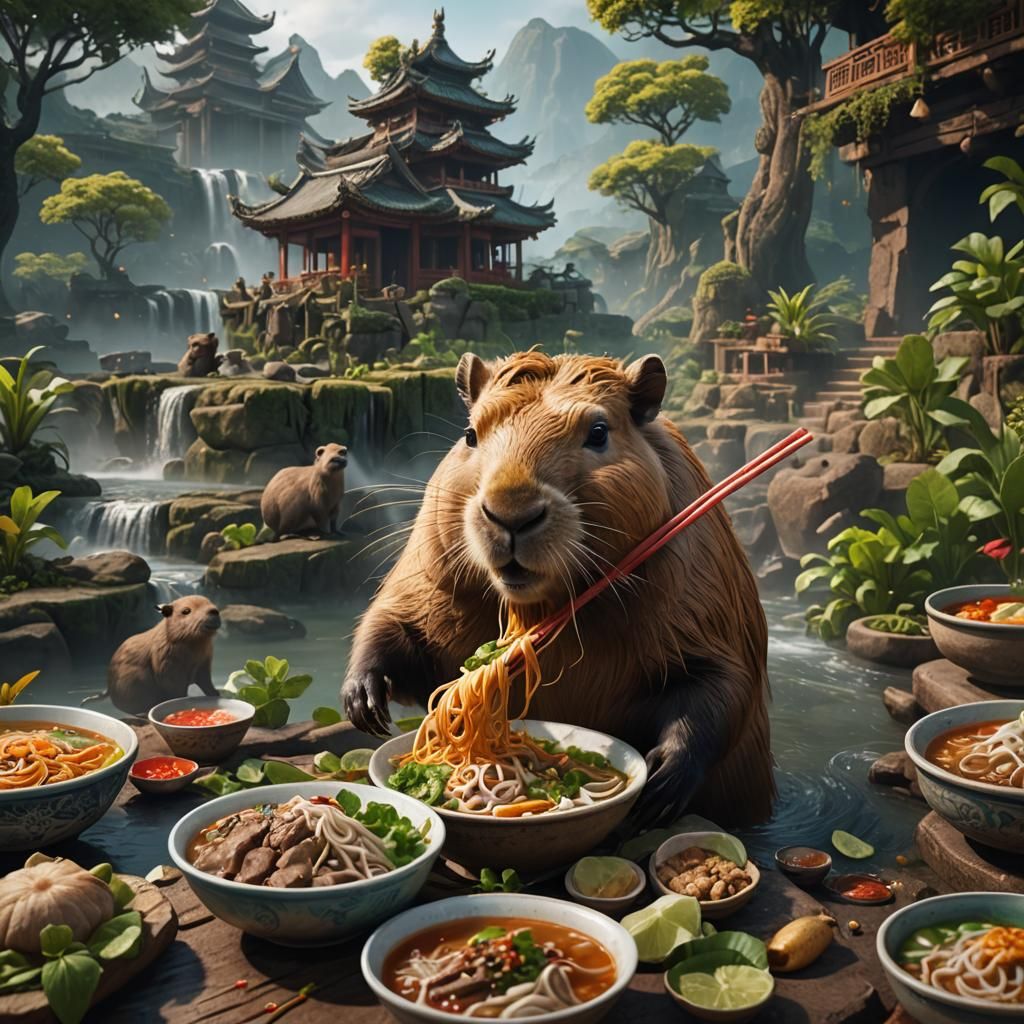 Capybara Eats Pho: Detailed Matte Painting