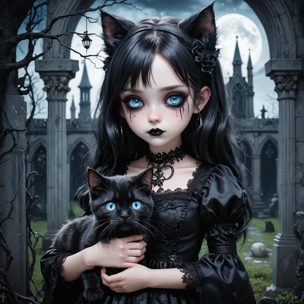 Gothic Chibi Girl in Graveyard, Dark Fantasy Concept Art