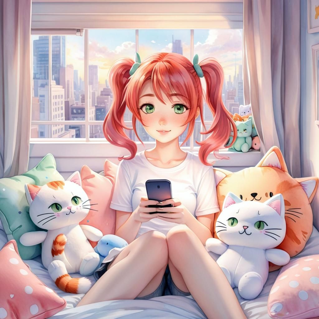 Moe Anime Girl in Girly Pastel Bedroom