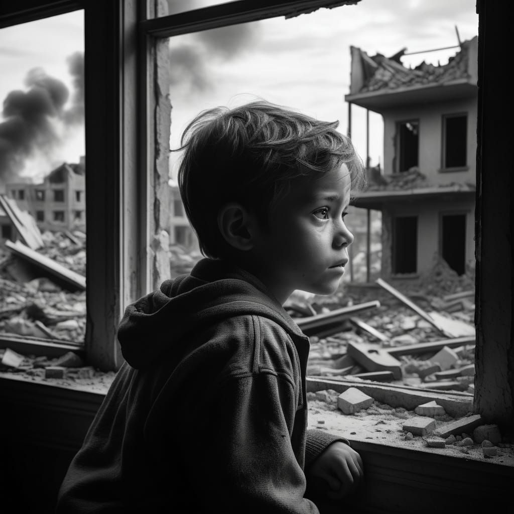 Monochrome Portrait of Child Witnessing War's Destruction