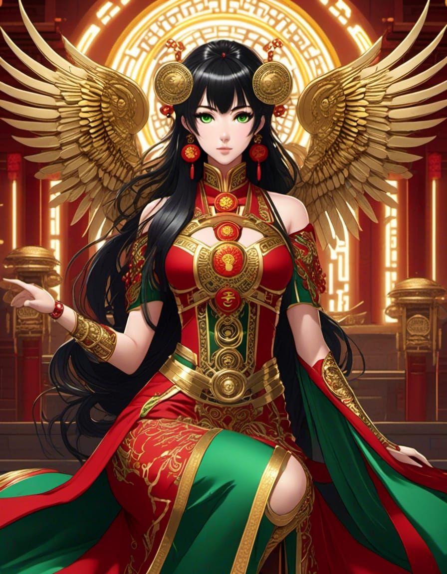 Symmetrical Steampunk Asian Anime Goddess, flowing Black hair, green eyes, gold angel wings, Red & Gold robe dress print...