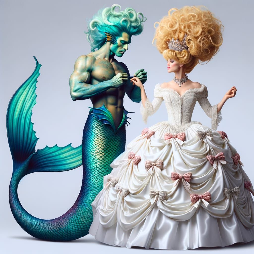 Merman Buttons Princess Wedding Gown in Regal Fantasy Scene