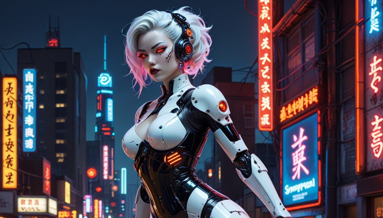 Gothic Pinup Gynoid in Neon Cyberpunk Cityscape