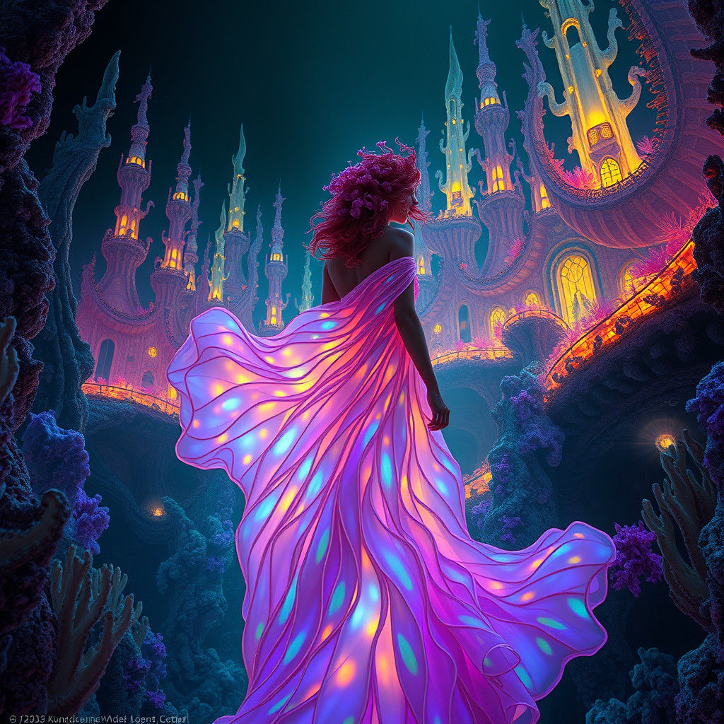 Bioluminescent Coral Gown in Submerged Metropolis