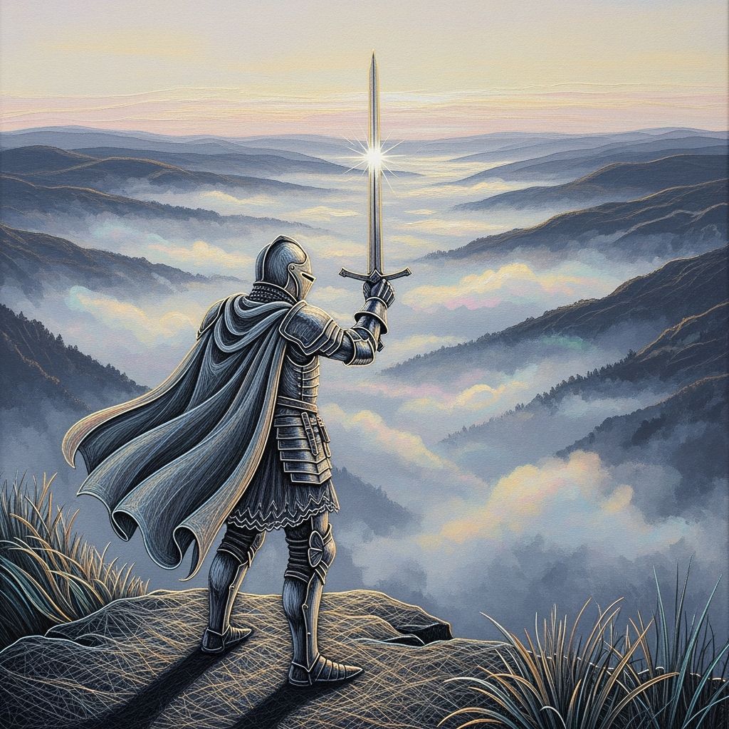 Silver Knight on Precipice in Ethereal Mist String Art