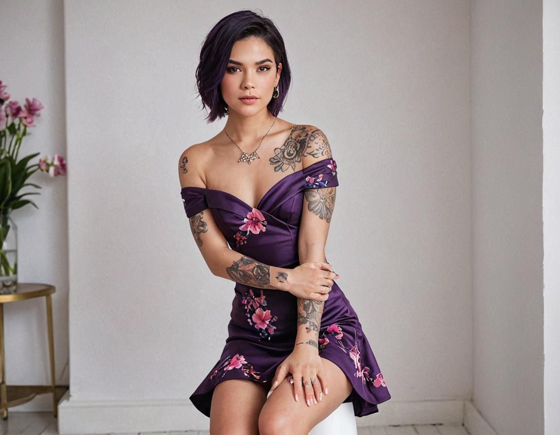 Elegant Woman with Floral Tattoos in White Room