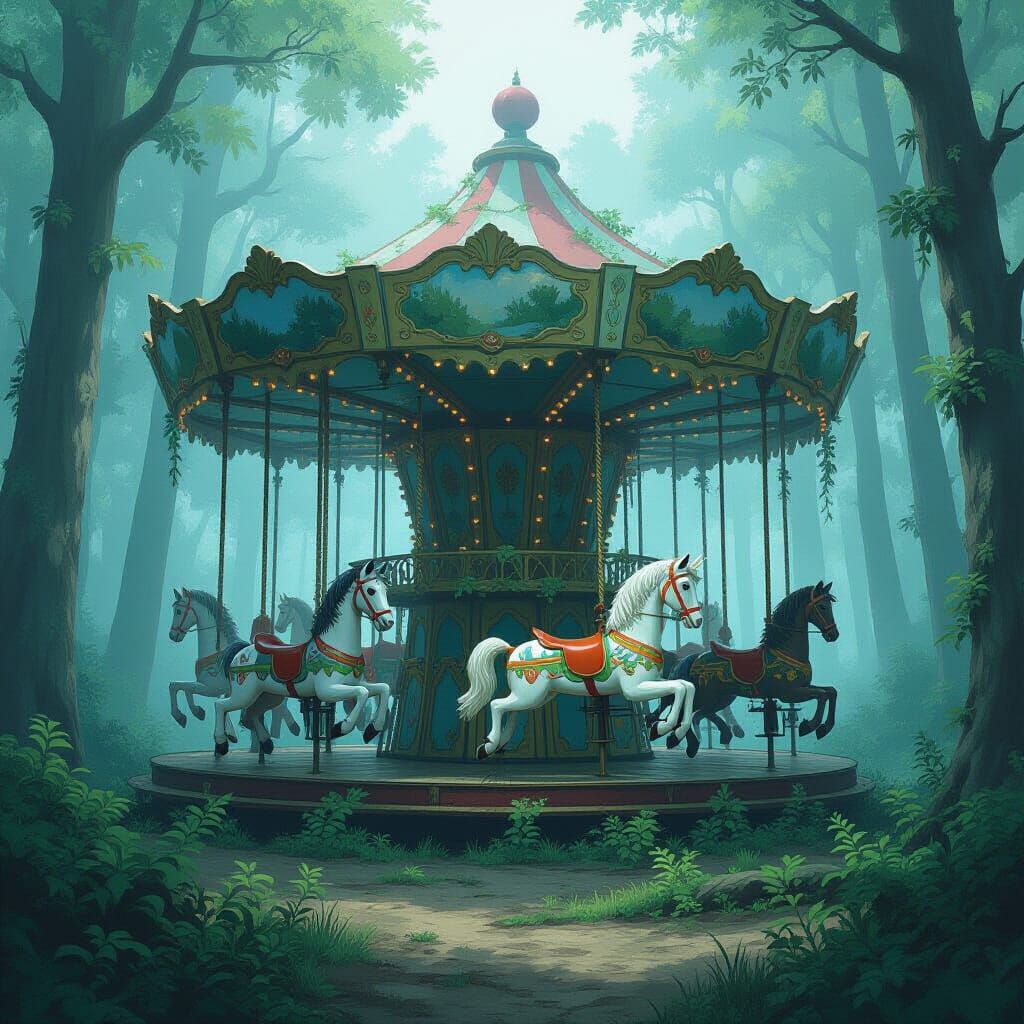 Abandoned Carousel in Misty Forest Clearing