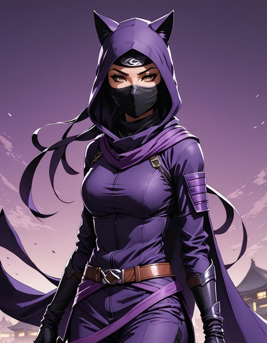 Ninja Catgirl in Purple: Anime Cel-Shaded Style