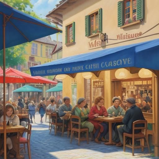 Impressionist Cafe Scene in Acrylic Gouache Style