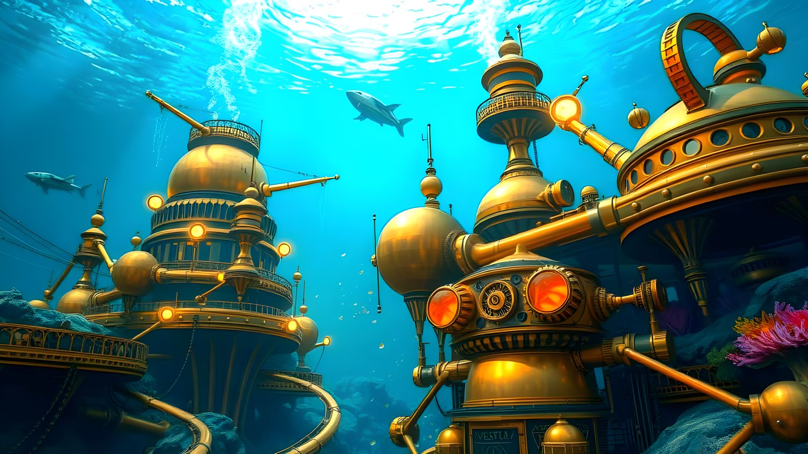 Futuristic Brass Underwater City with Bioluminescent Coral