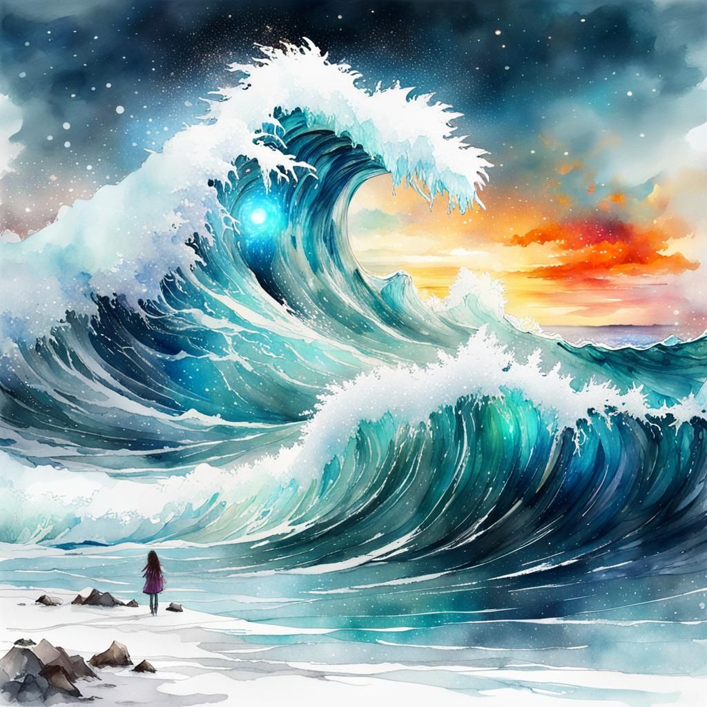 Crystal Ice Wave in a Digital Watercolor Cosmos