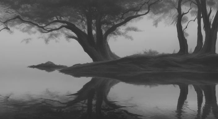 Moebius-Inspired Hyper-Realistic Ink Drawing of Misty Lake