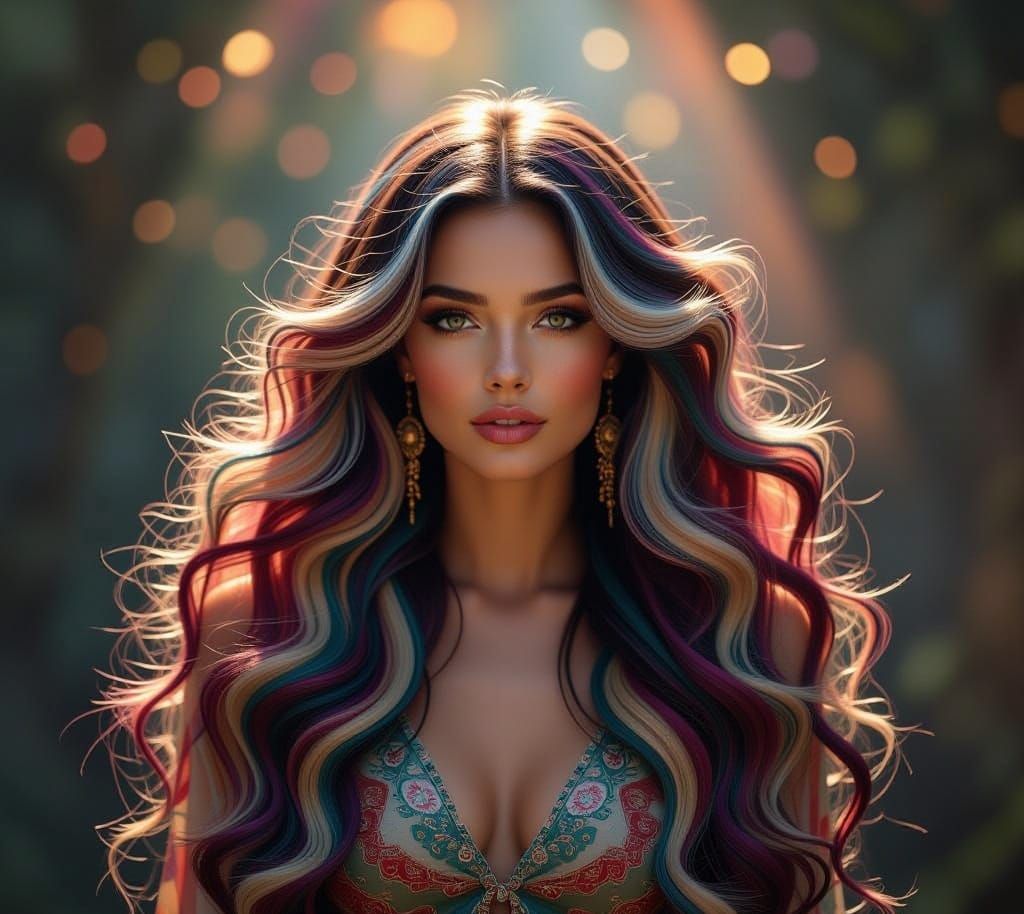 Gorgeous Bohemian Woman with Striped Hair in High Contrast