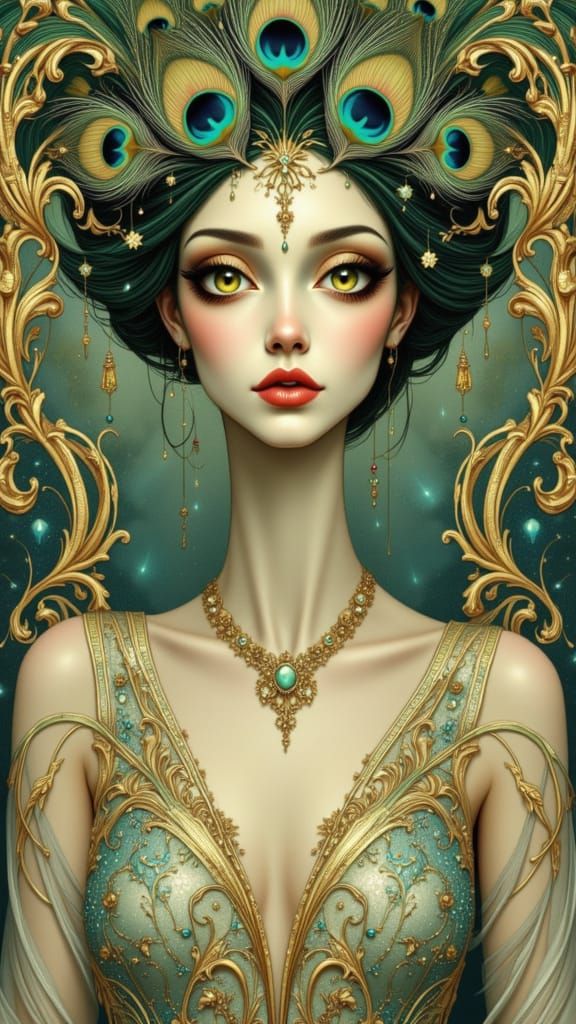 Art Nouveau Courtesan Portrait in Peacock Gown