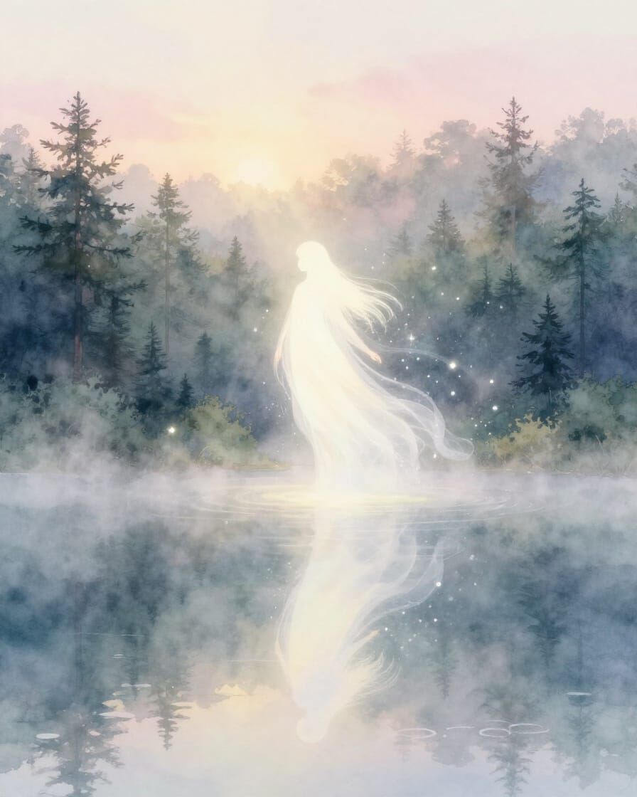 Ethereal Light Being Descends to Misty Lake at Dawn