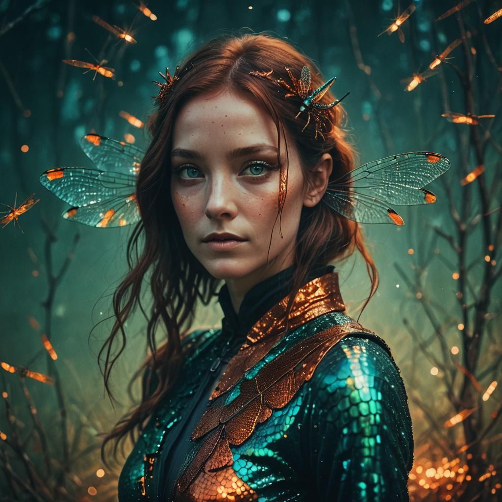 Mysterious Woman with Dragonfly: Cinematic Teal Portrait