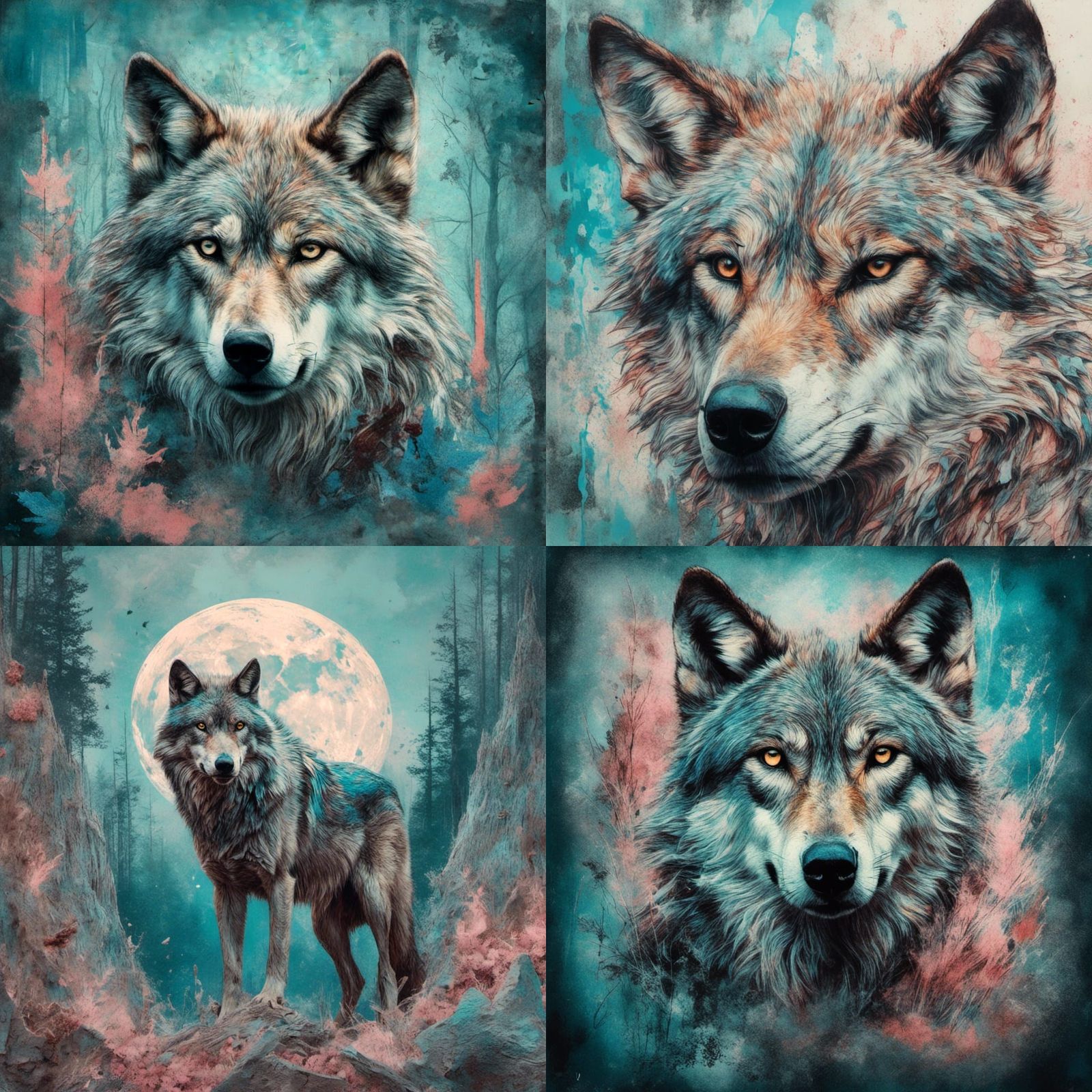 Ethereal Wolves in Mixed Media Collage