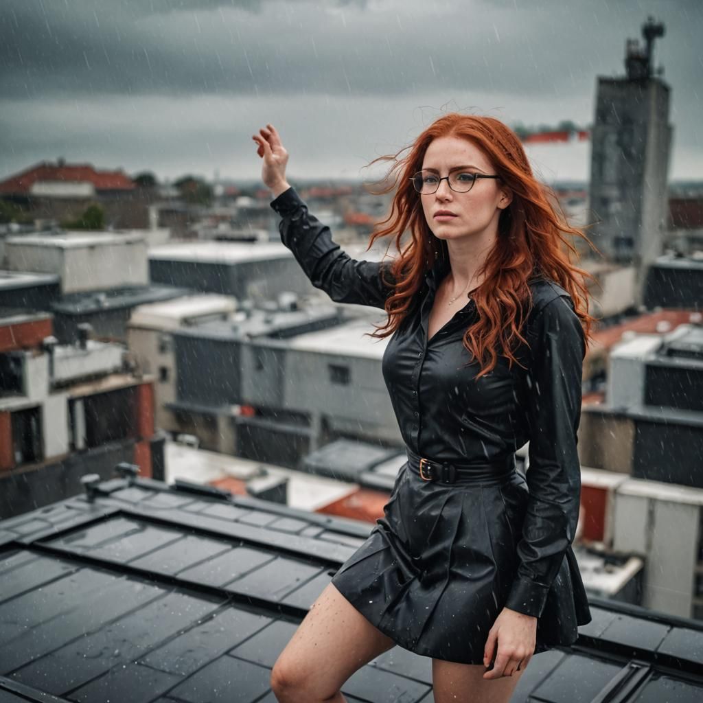 Redhead on Windy Rooftop in the Rain