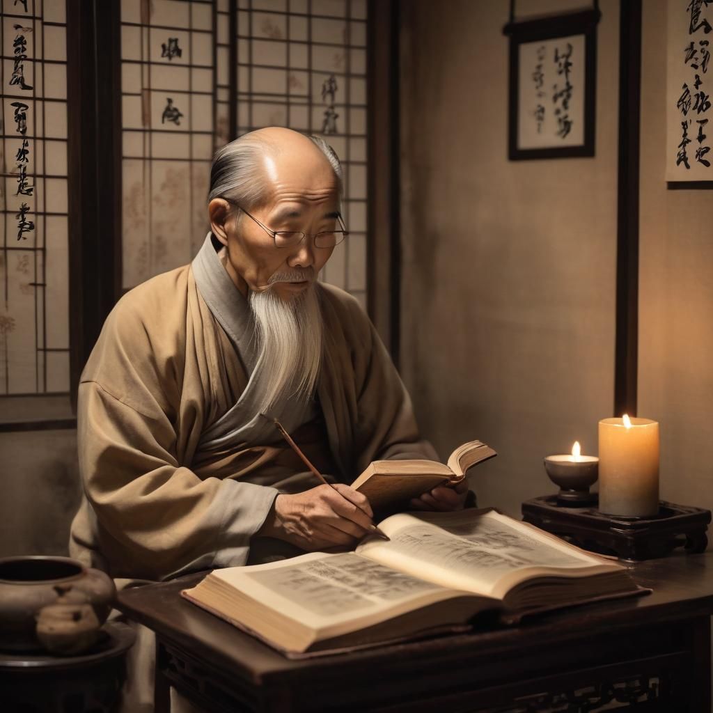 Ancient Chinese Ink Painting of Elderly Man Reading