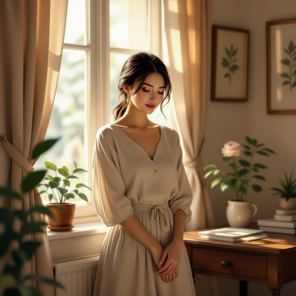Serene Woman in Quiet Room: Digital Art Portrait