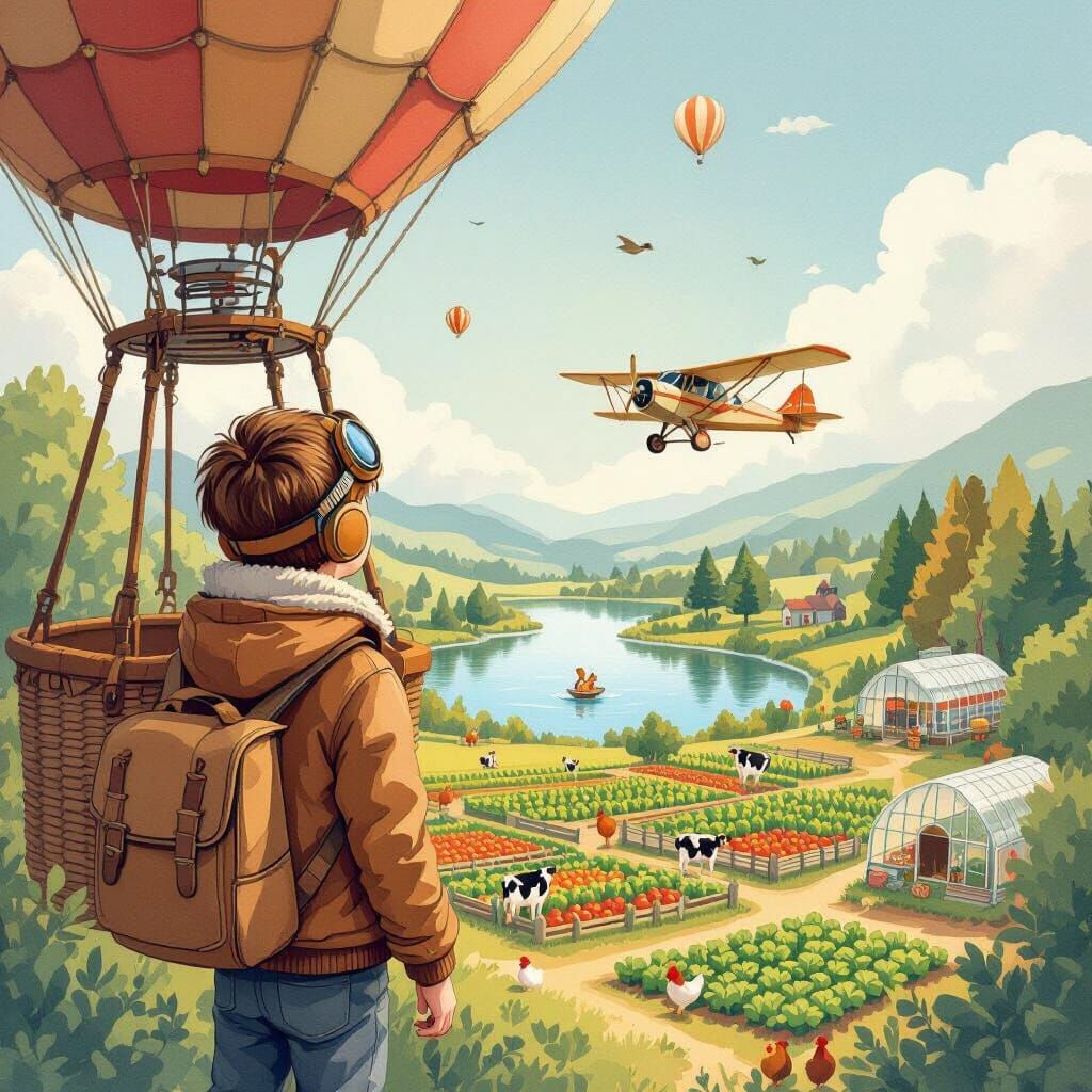 Whimsical Floating Island Scene with Boy in Balloon