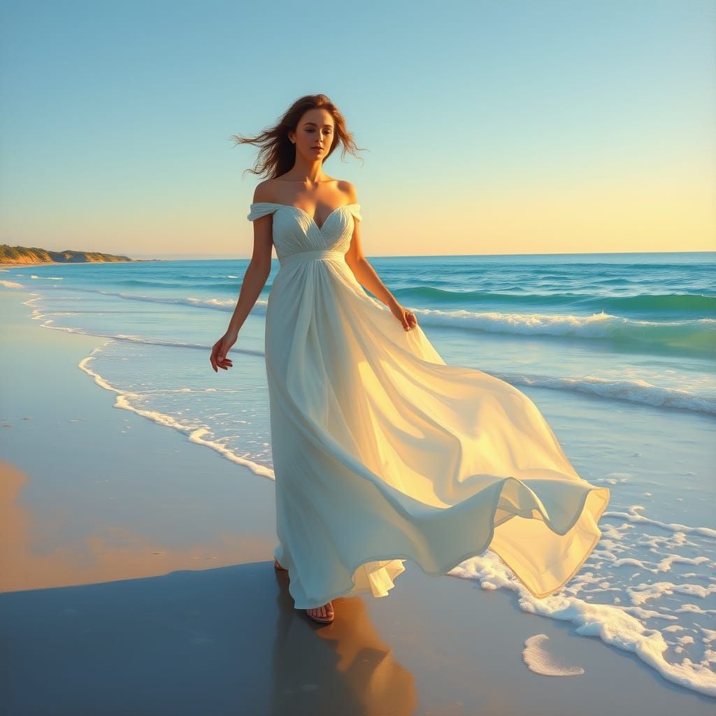 Serene Grecian Woman on Sunrise Beach, Pre-Raphaelite Style