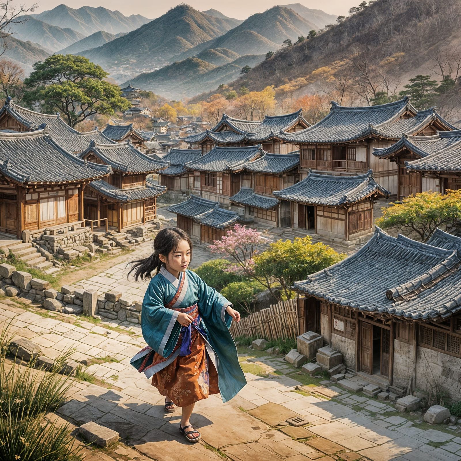 Korean Girl Playing Jegichagi: Joseon Dynasty Watercolor