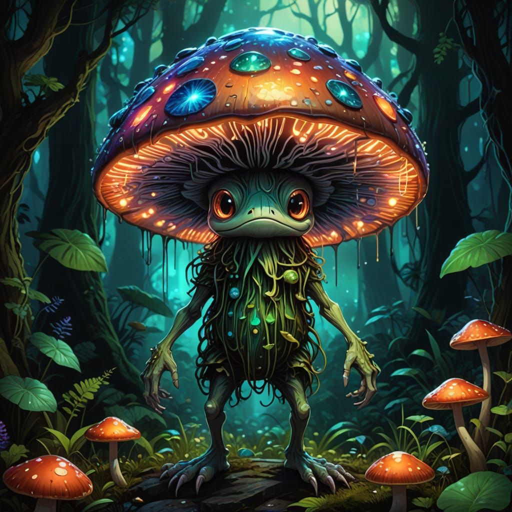 Enchanted Mushroom Monster in a Vibrant, Dreamlike Grotto