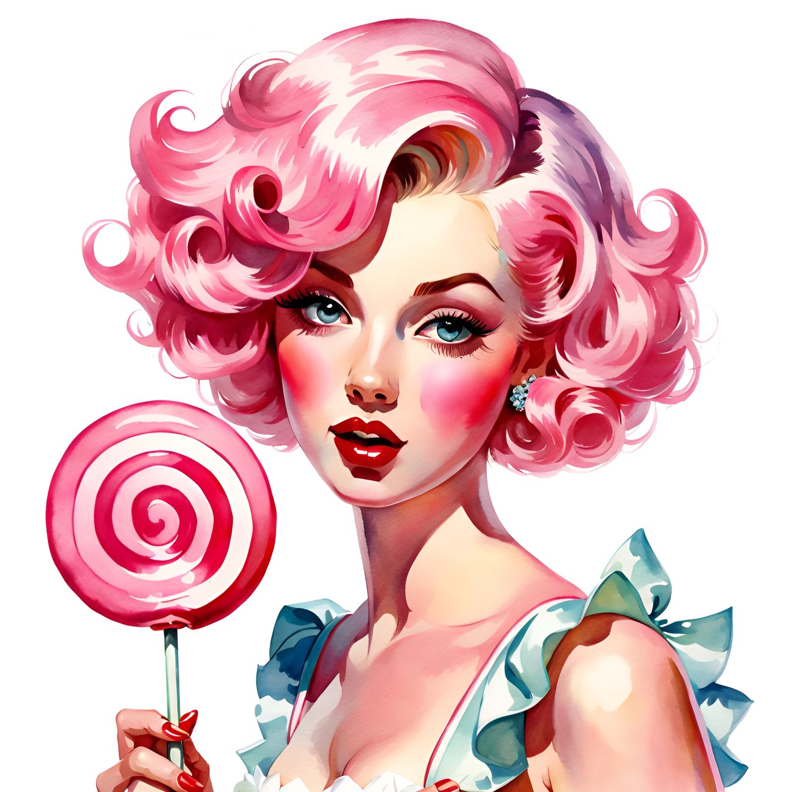 Watercolor Girl with Lollipop in Fantasy Illustration Style