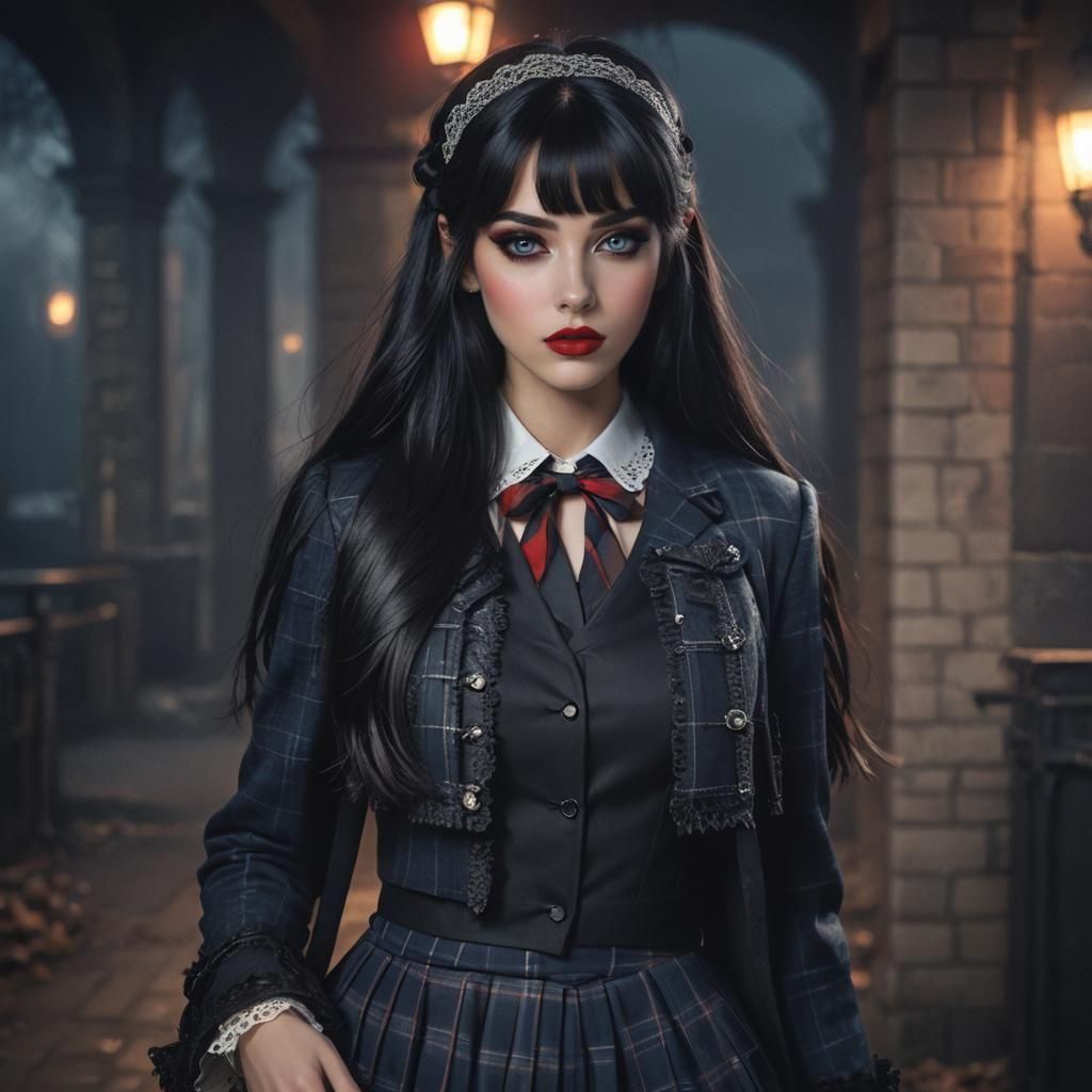 Girl with Black Hair in Dark Academia Style
