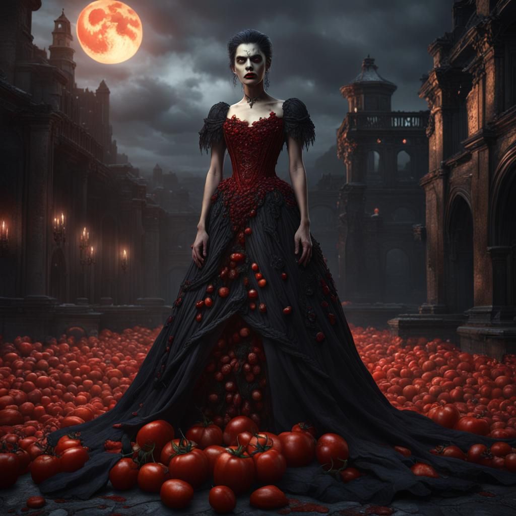 Gothic Vampire in Tomato Gown: Detailed Matte Painting