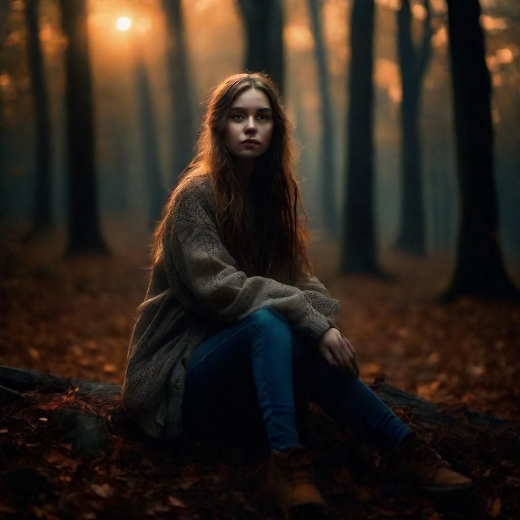 Dreamy Girl in Moonlit Woods: Hyperrealistic Portrait