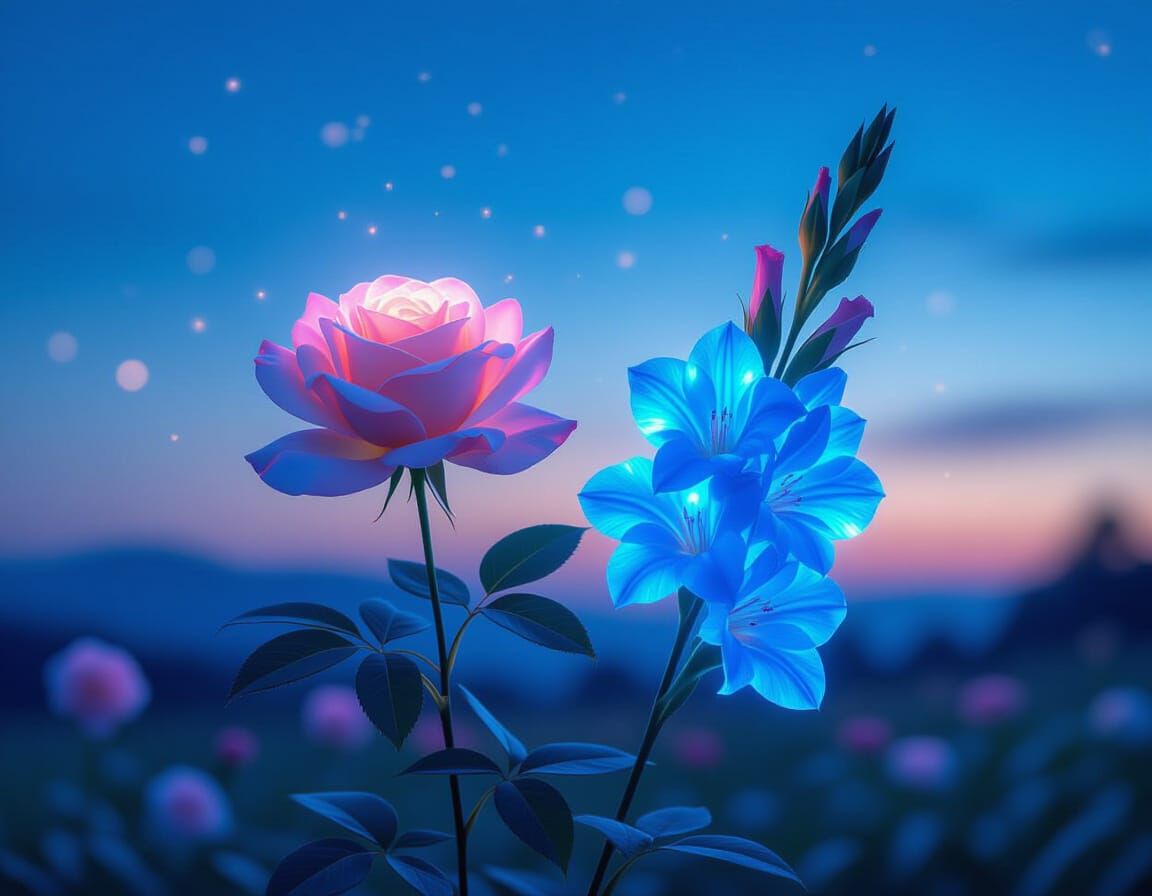 Neon Flowers in Night Landscape, Ethereal Illustration