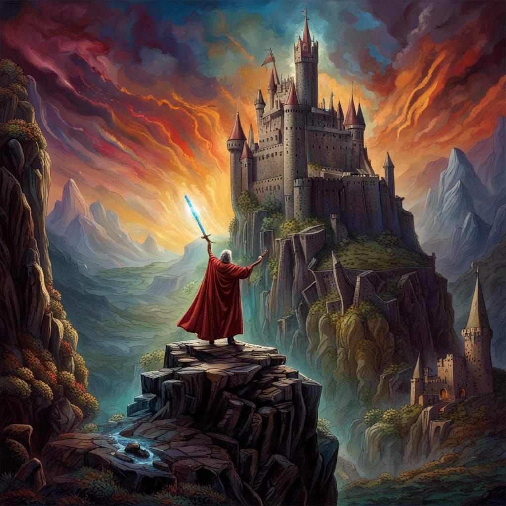 Merlin Raises Staff at Excalibur Rock, Camelot