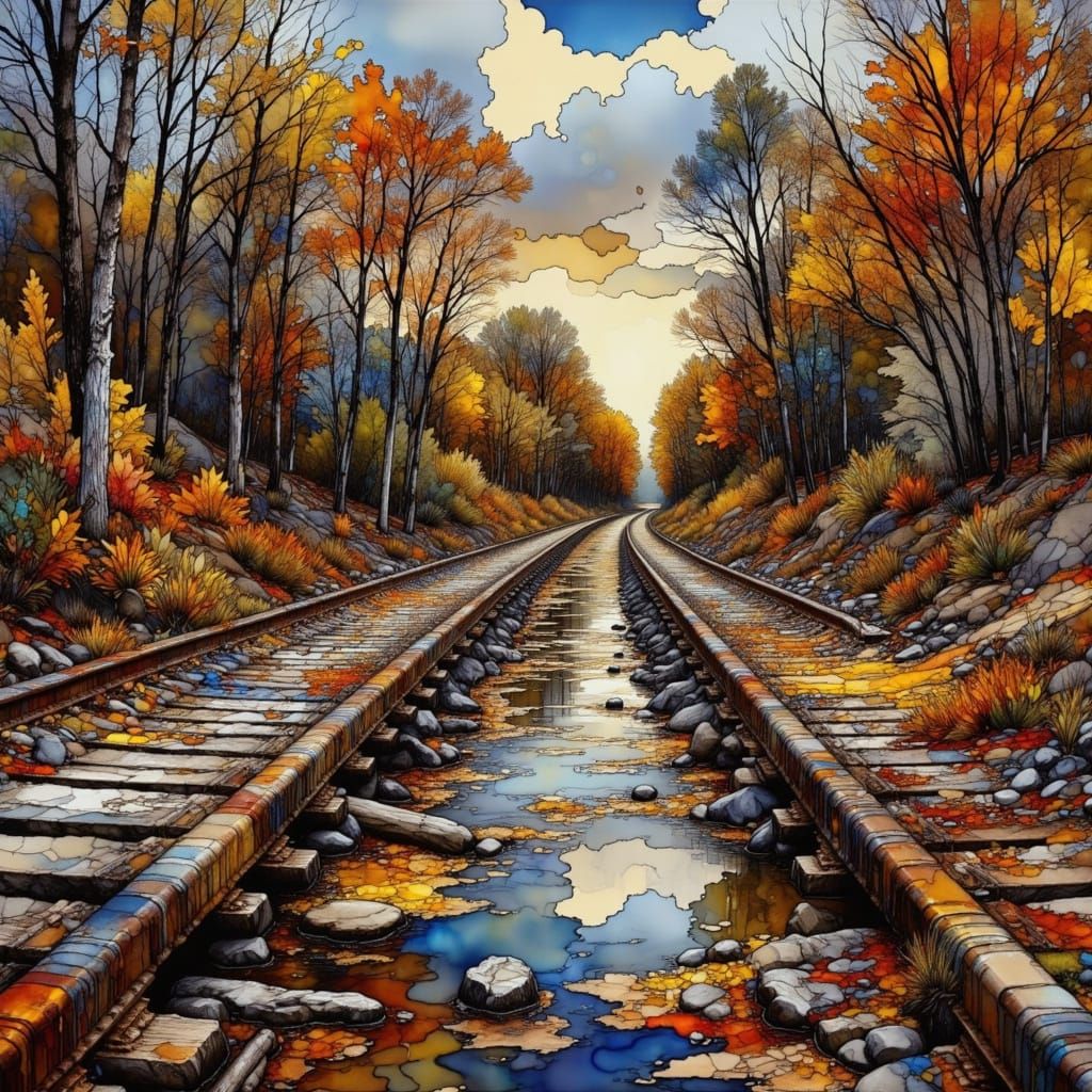 Rusty Railroad Bridge in Vibrant Street Art Style