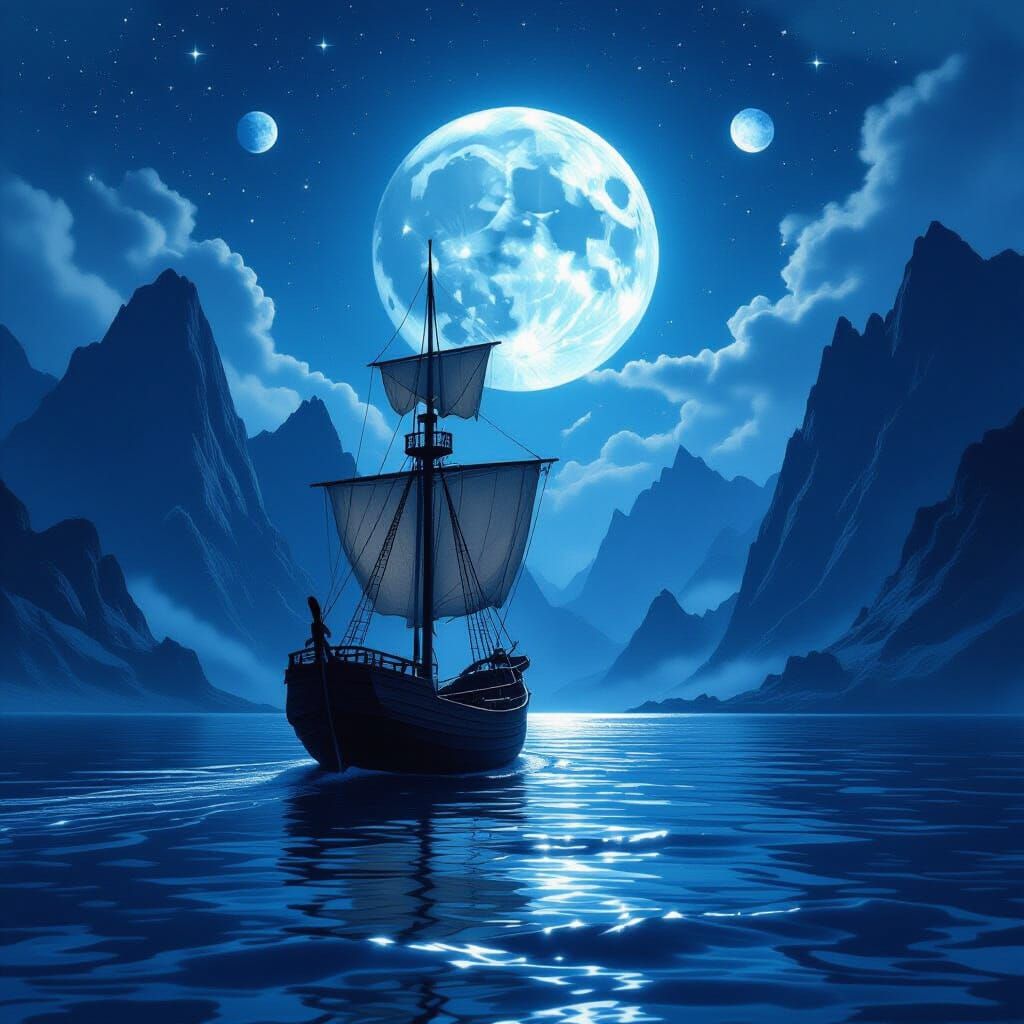 Solitary Ship on Moonlight Sea with Mountain Silhouette