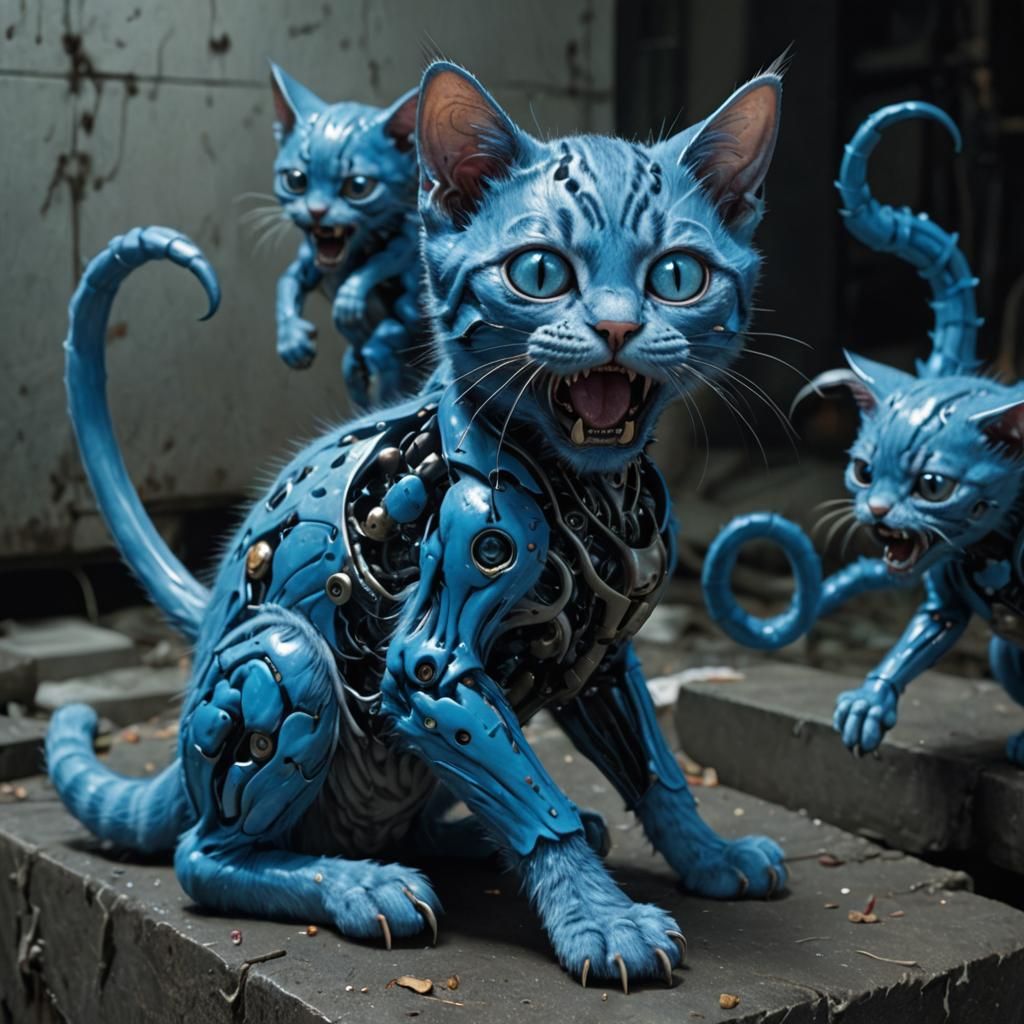 Disturbing Blue Kitten-Cyborg in Junji Ito Style