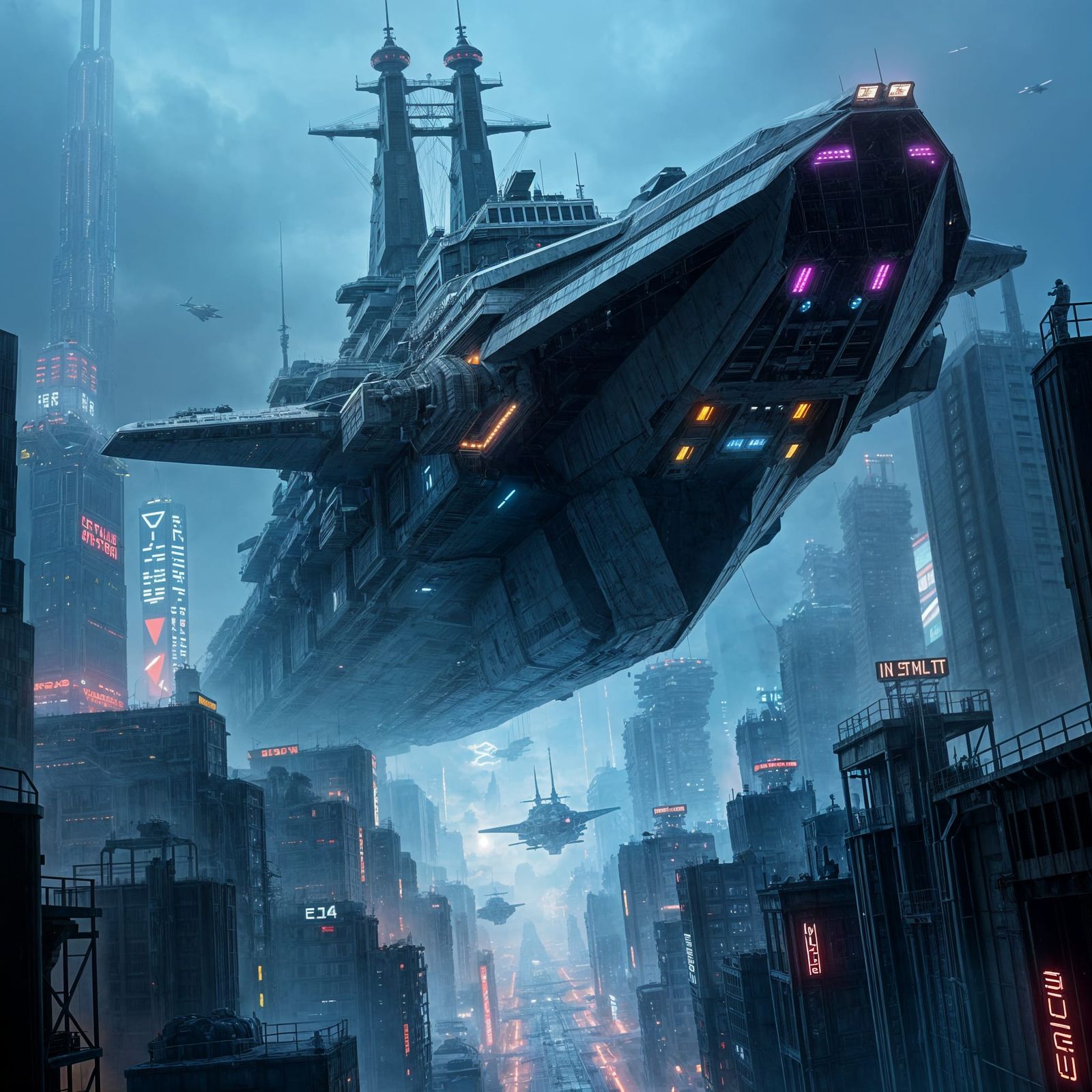 Cyberpunk Airship Battleship Hybrid in Rain-Soaked Cityscape