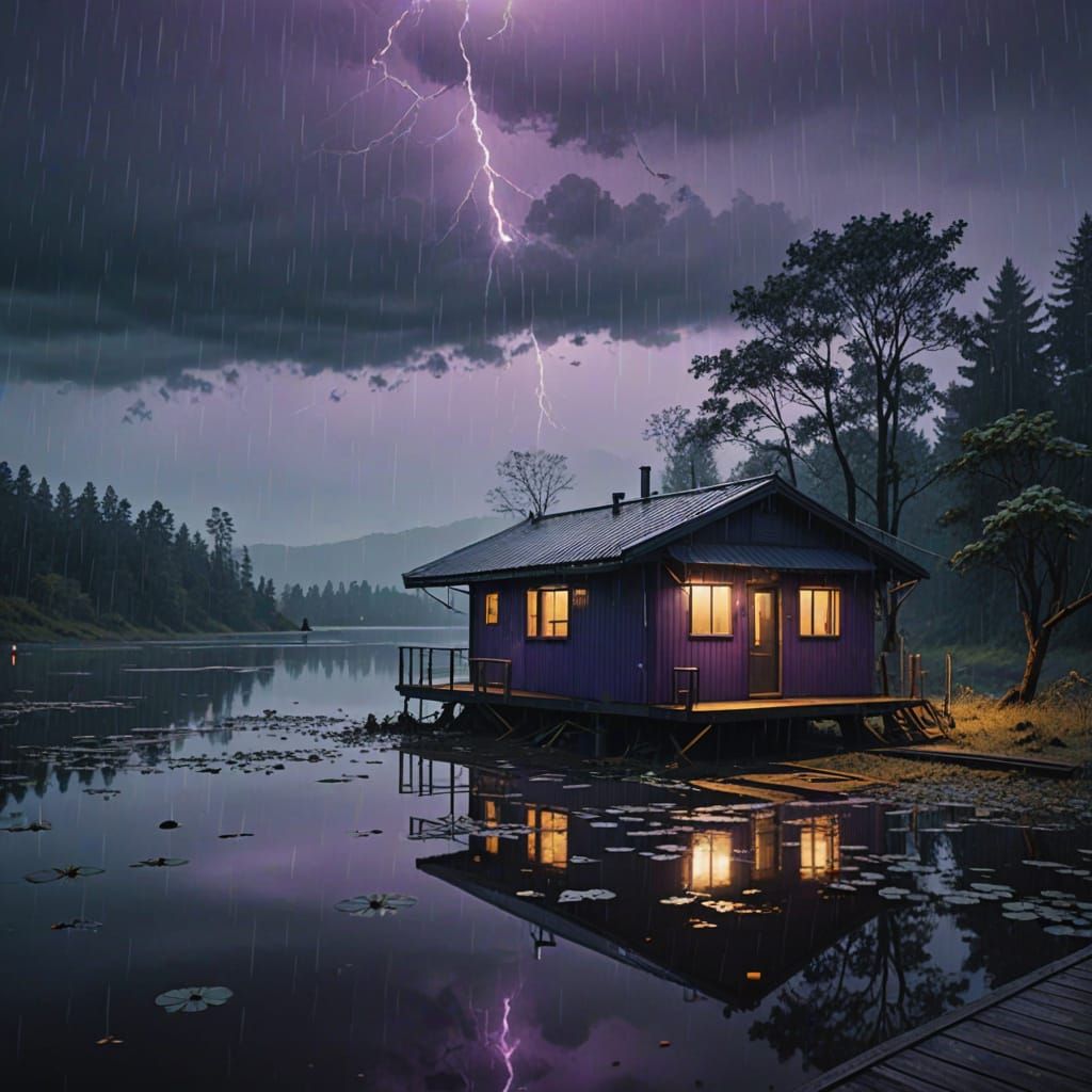 Ethereal Cabin Scene Under Rainy Skies