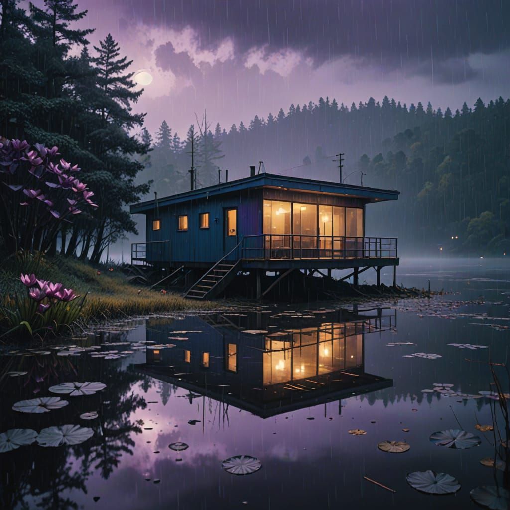 Moody Lakefront Cabin in Futuristic Storm