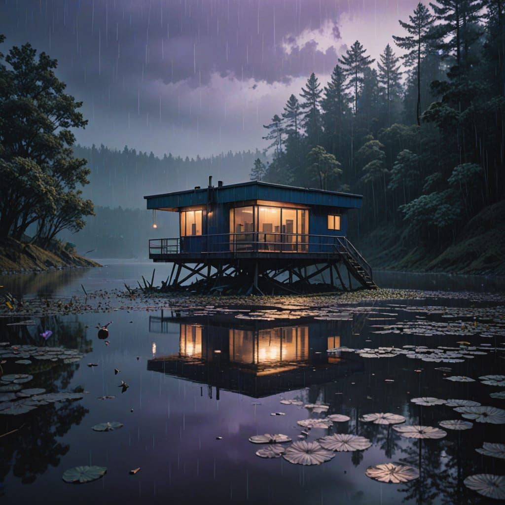 Futuristic Cabin Amidst Moody Rainy Landscape