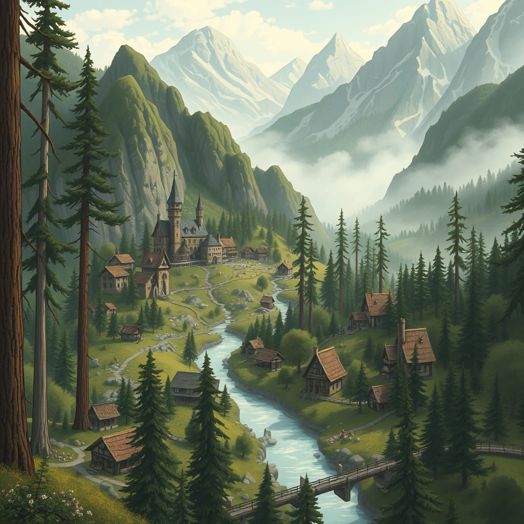 Whimsical Forest City and Villages in Earthy Tones