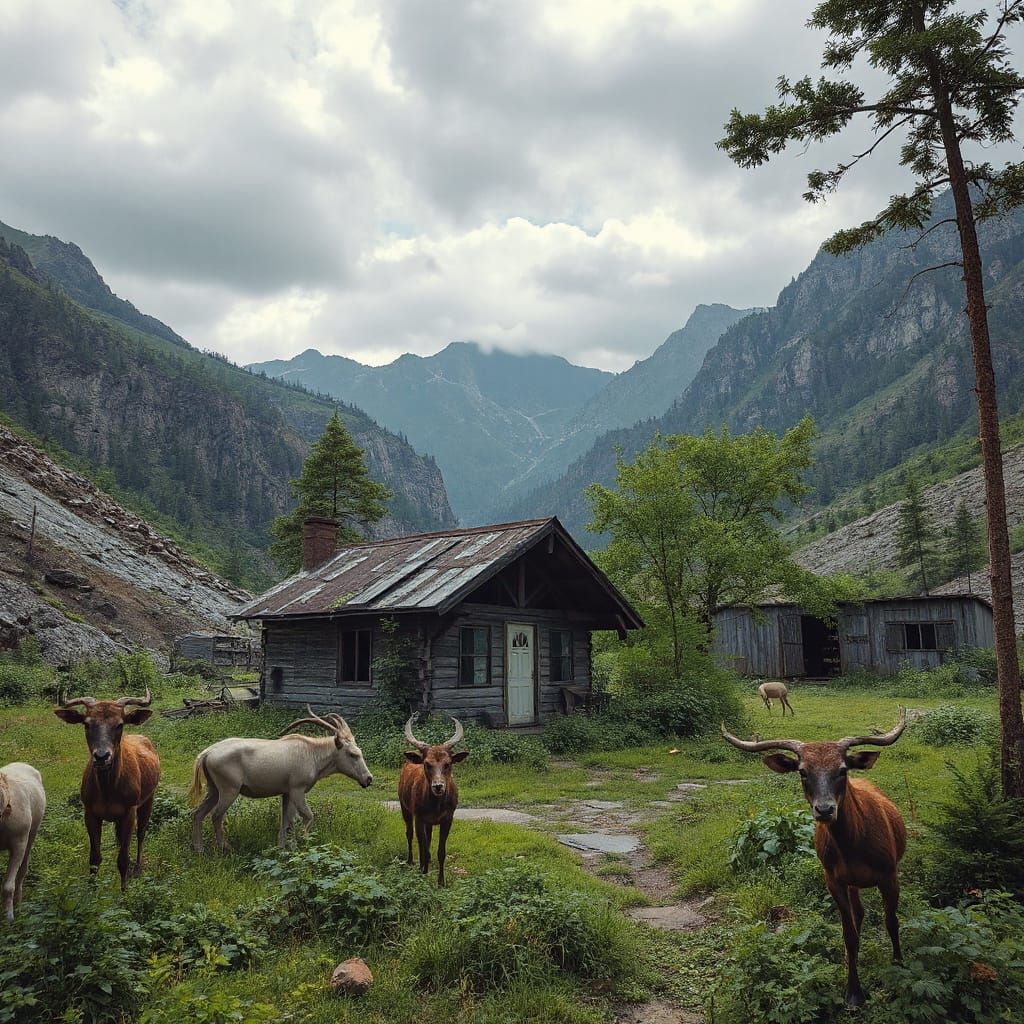 Post-Apocalyptic Valley with Overgrown Shack and Wildlife