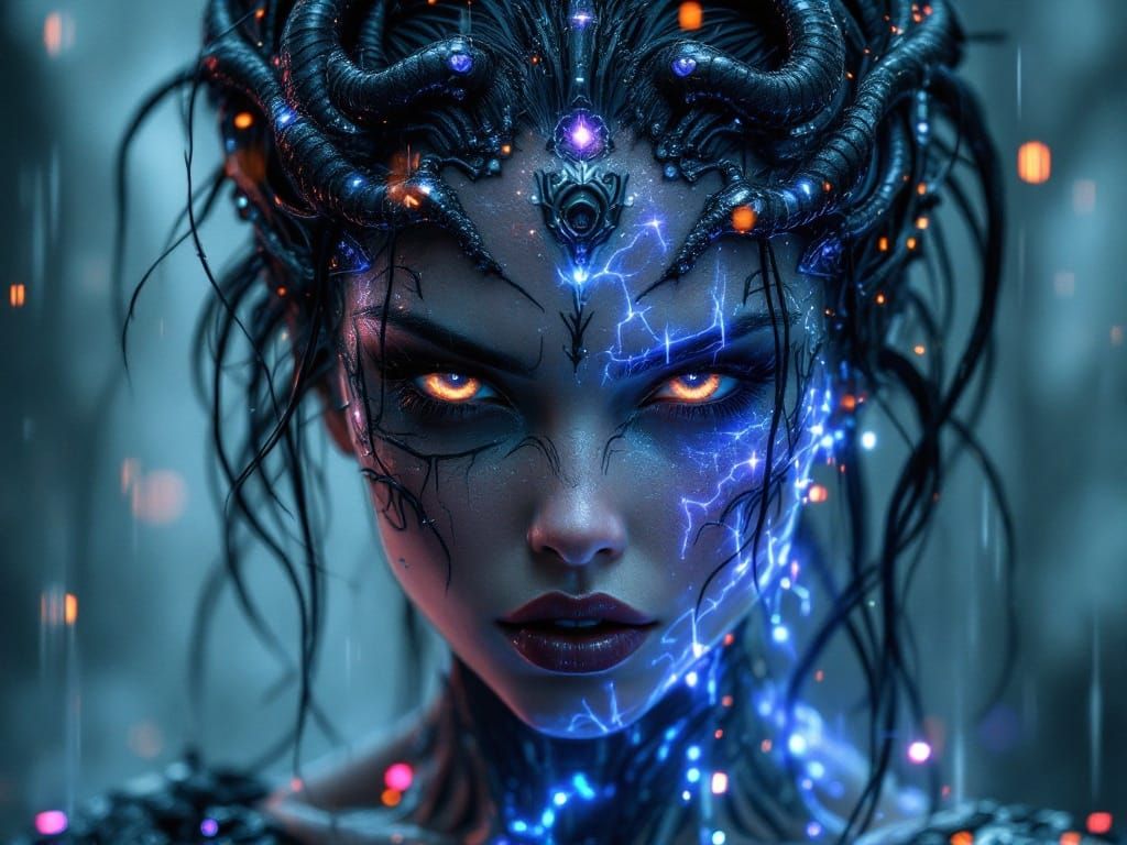 Gigantic Woman in Cyberpunk Cybersteaming Bioluminescent Sty...